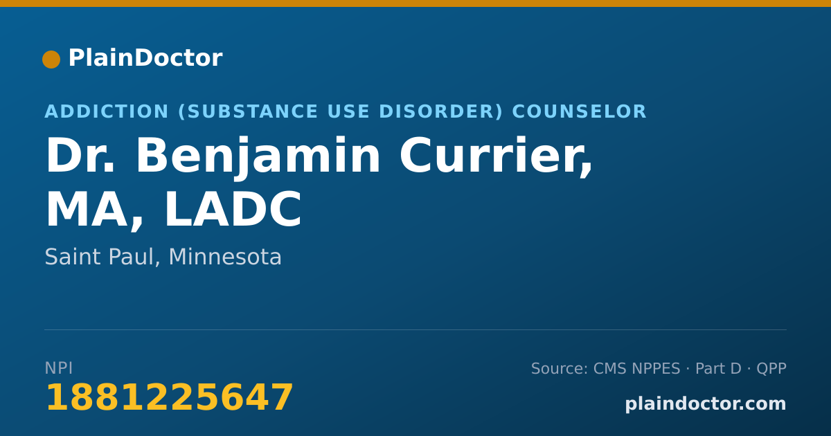 Shareable card for Benjamin Currier, MA, LADC - Addiction (Substance Use Disorder) Counselor, Saint Paul, MN