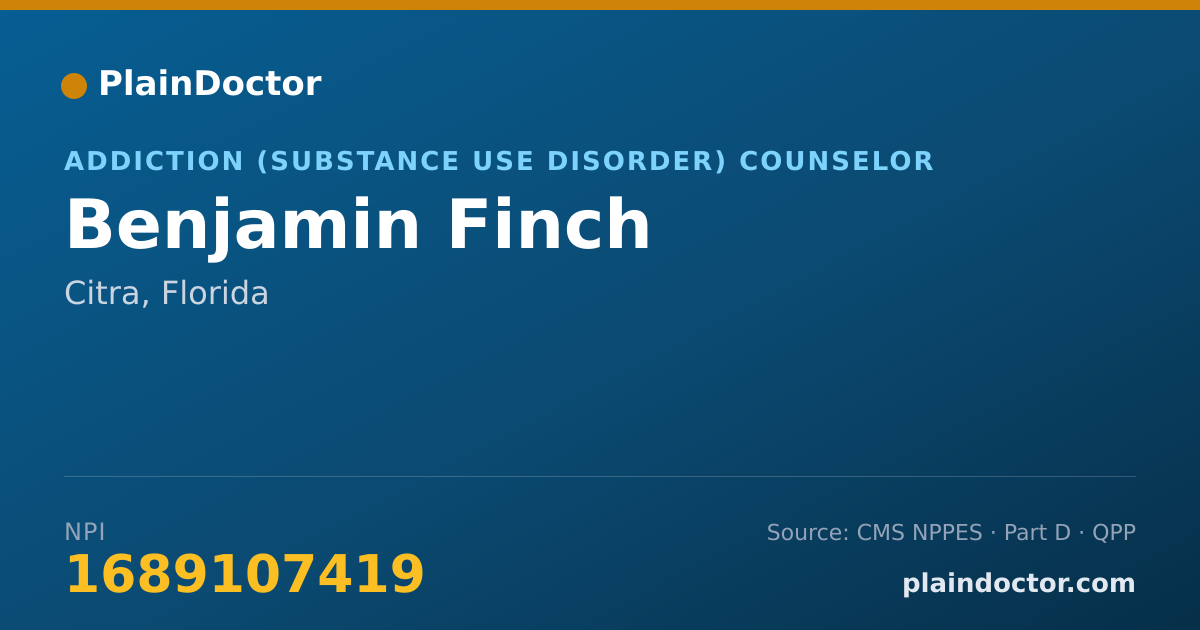 Shareable card for Benjamin Finch - Addiction (Substance Use Disorder) Counselor, Citra, FL