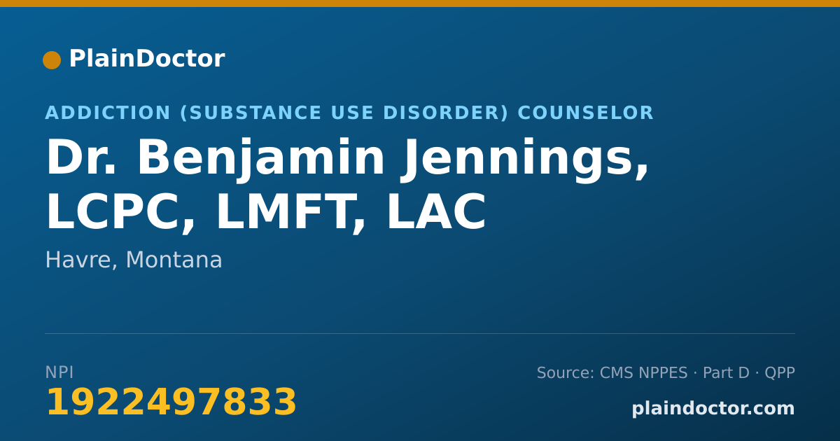 Shareable card for Benjamin Jennings, LCPC, LMFT, LAC - Addiction (Substance Use Disorder) Counselor, Havre, MT