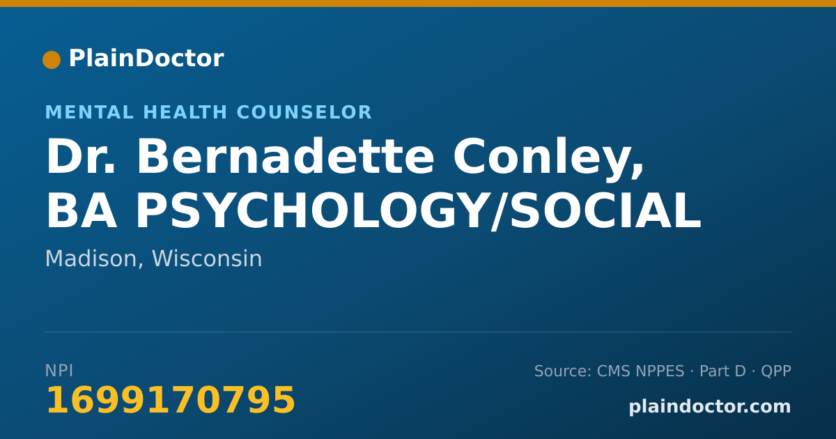 Shareable card for Bernadette Conley, BA PSYCHOLOGY/SOCIAL - Mental Health Counselor, Madison, WI