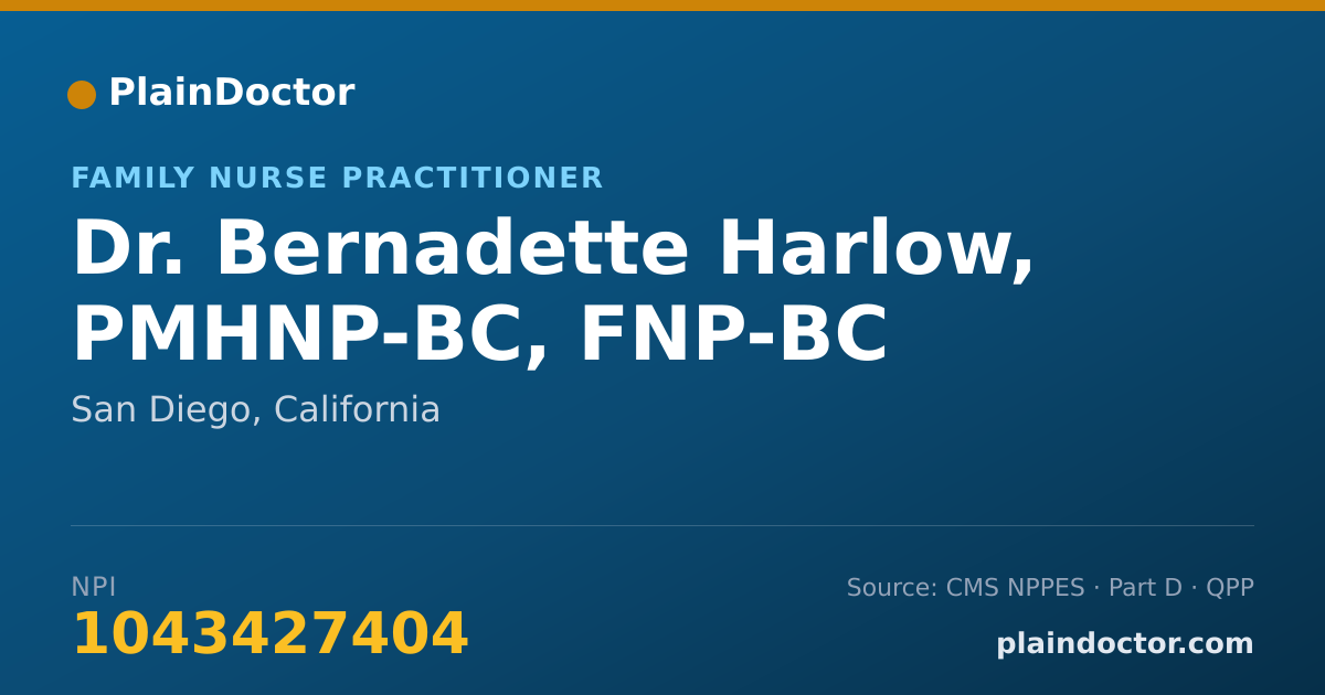 Shareable card for Bernadette Harlow, PMHNP-BC, FNP-BC - Family Nurse Practitioner, San Diego, CA