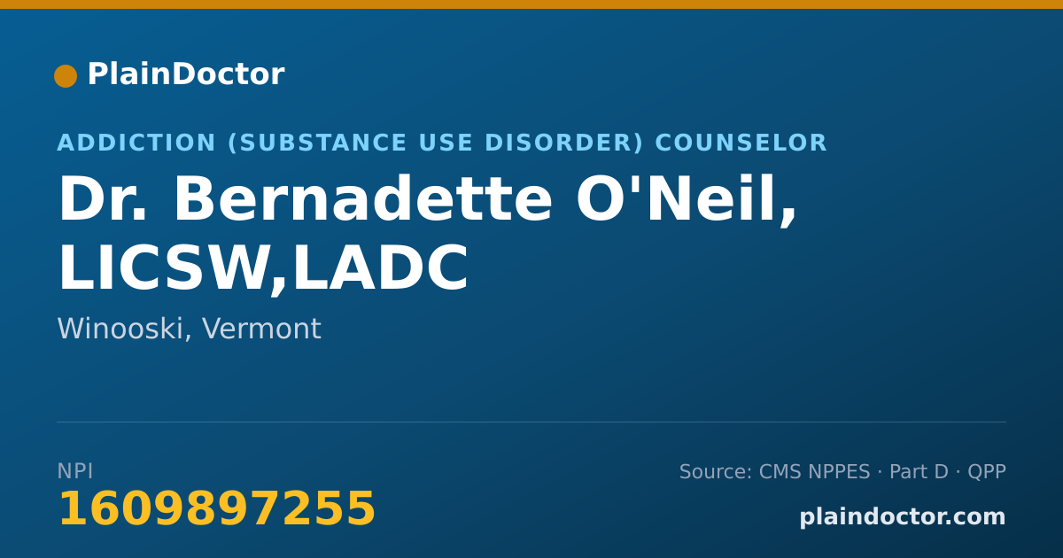 Shareable card for Bernadette O'Neil, LICSW,LADC - Addiction (Substance Use Disorder) Counselor, Winooski, VT