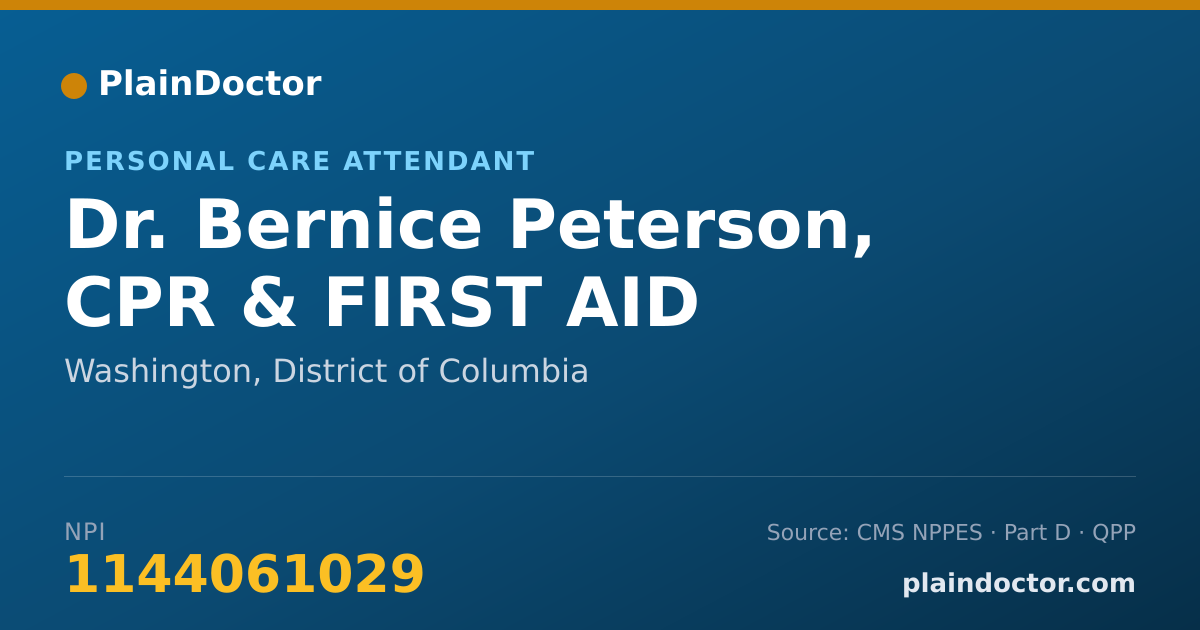 Shareable card for Bernice Peterson, CPR & FIRST AID - Personal Care Attendant, Washington, DC