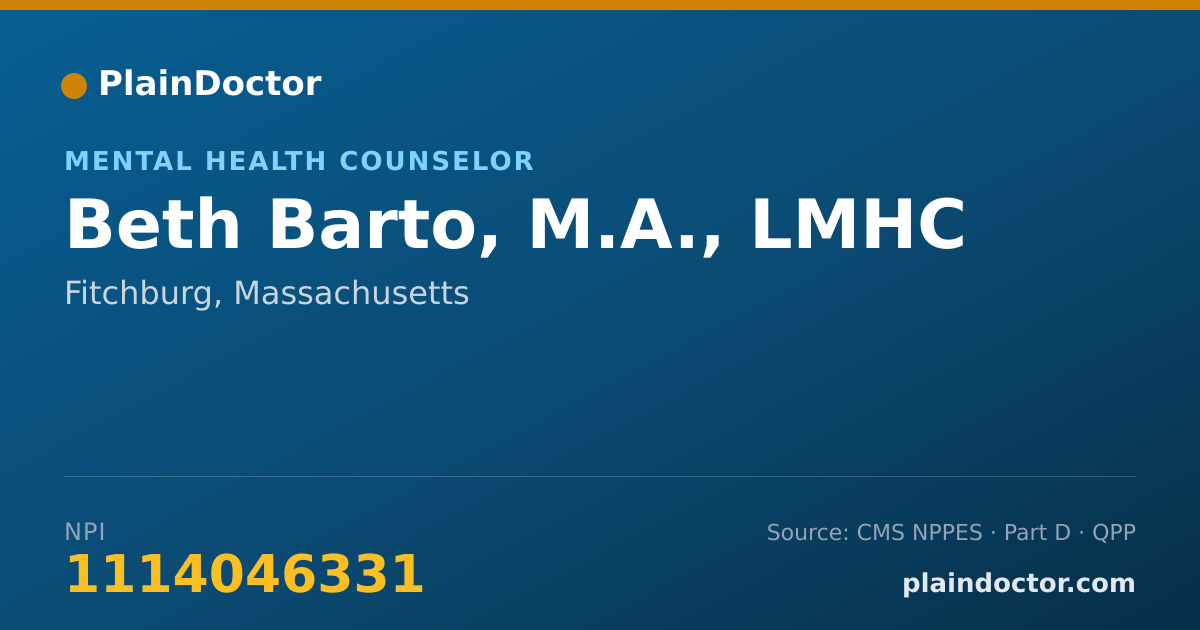 Shareable card for Beth Barto, M.A., LMHC - Mental Health Counselor, Fitchburg, MA