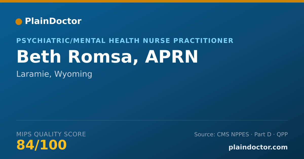 Shareable card for Beth Romsa, APRN - Psychiatric/Mental Health Nurse Practitioner, Laramie, WY