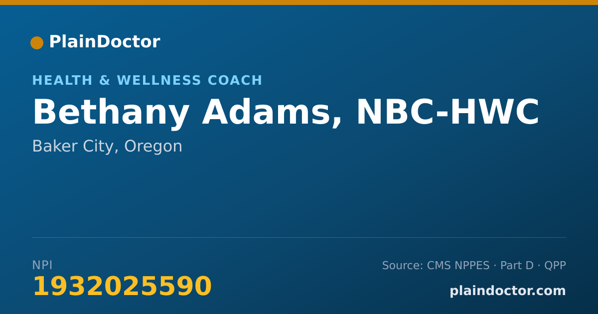 Shareable card for Bethany Adams, NBC-HWC - Health & Wellness Coach, Baker City, OR
