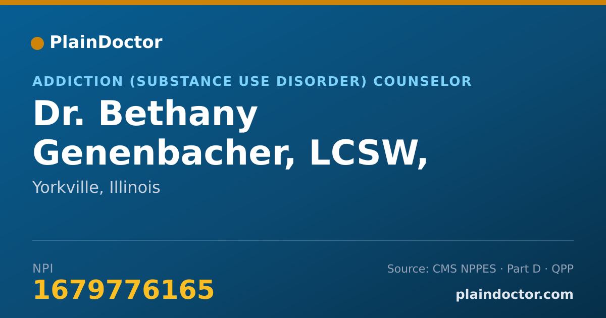 Shareable card for Bethany Genenbacher, LCSW, CADC - Addiction (Substance Use Disorder) Counselor, Yorkville, IL