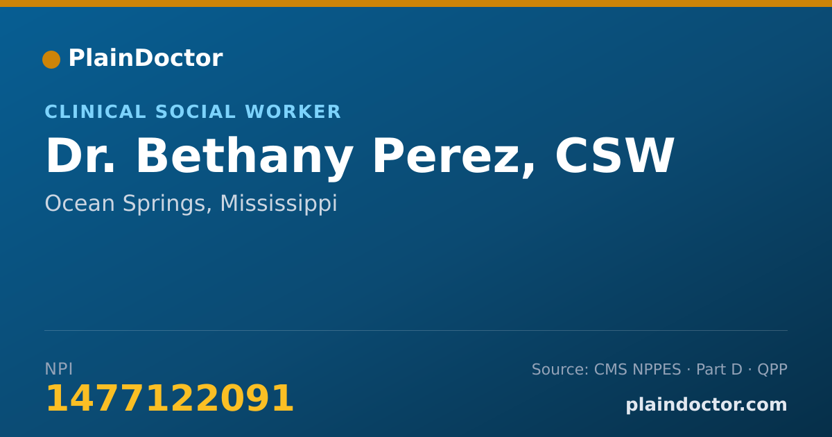 Shareable card for Bethany Perez, CSW - Clinical Social Worker, Ocean Springs, MS