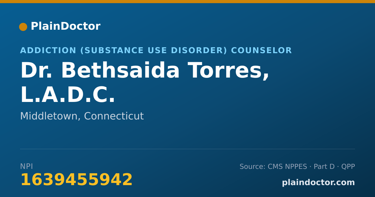 Shareable card for Bethsaida Torres, L.A.D.C. - Addiction (Substance Use Disorder) Counselor, Middletown, CT