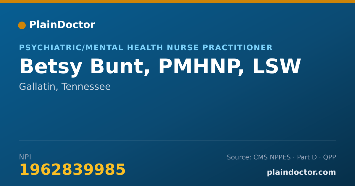 Shareable card for Betsy Bunt, PMHNP, LSW - Psychiatric/Mental Health Nurse Practitioner, Gallatin, TN