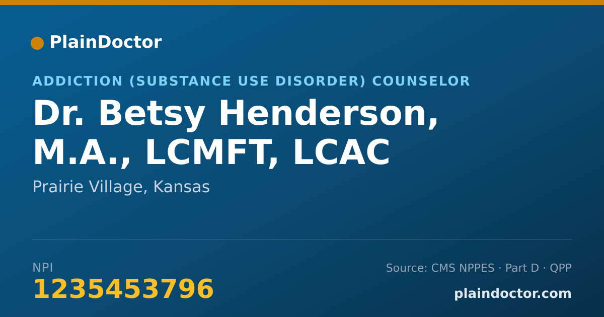 Shareable card for Betsy Henderson, M.A., LCMFT, LCAC - Addiction (Substance Use Disorder) Counselor, Prairie Village, KS