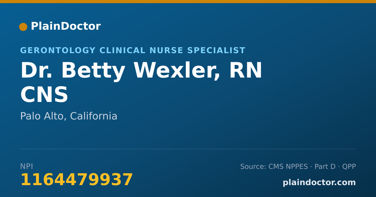 Shareable card for Betty Wexler, RN CNS - Gerontology Clinical Nurse Specialist, Palo Alto, CA