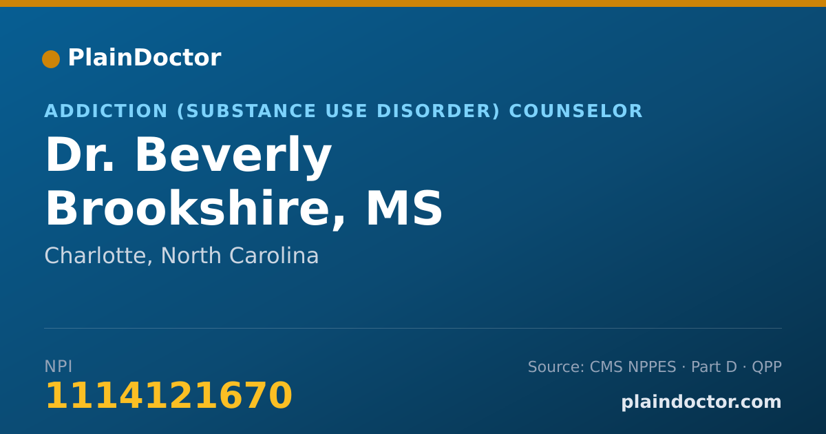 Shareable card for Beverly Brookshire, MS - Addiction (Substance Use Disorder) Counselor, Charlotte, NC