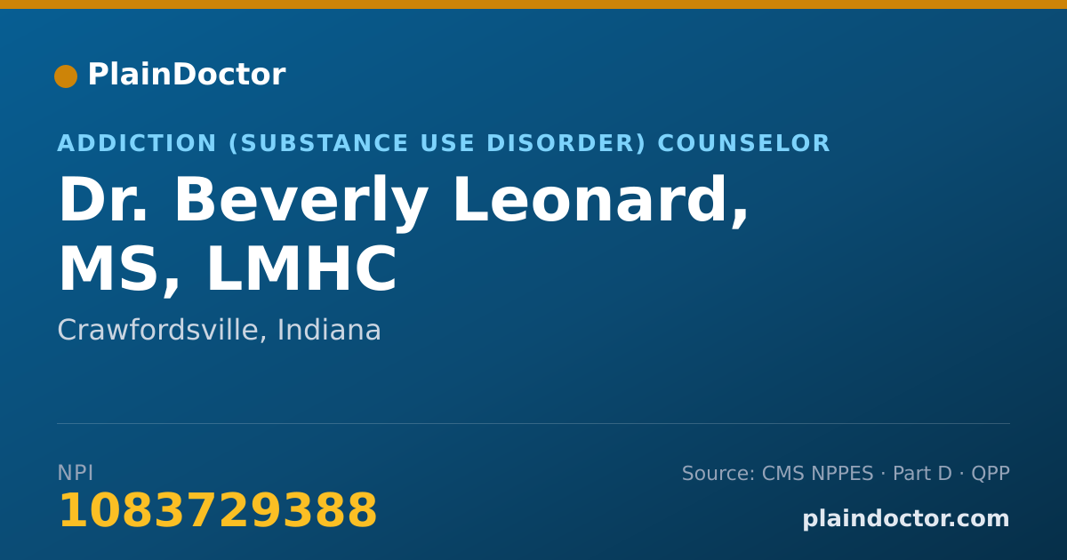 Shareable card for Beverly Leonard, MS, LMHC - Addiction (Substance Use Disorder) Counselor, Crawfordsville, IN