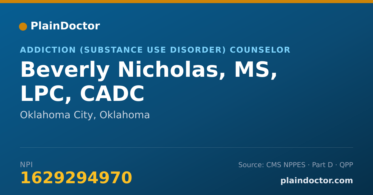 Shareable card for Beverly Nicholas, MS, LPC, CADC - Addiction (Substance Use Disorder) Counselor, Oklahoma City, OK