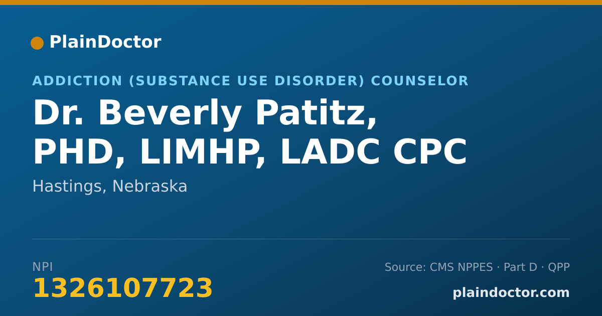 Shareable card for Beverly Patitz, PHD, LIMHP, LADC CPC - Addiction (Substance Use Disorder) Counselor, Hastings, NE