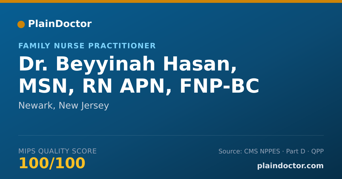 Shareable card for Beyyinah Hasan, MSN, RN APN, FNP-BC - Family Nurse Practitioner, Newark, NJ