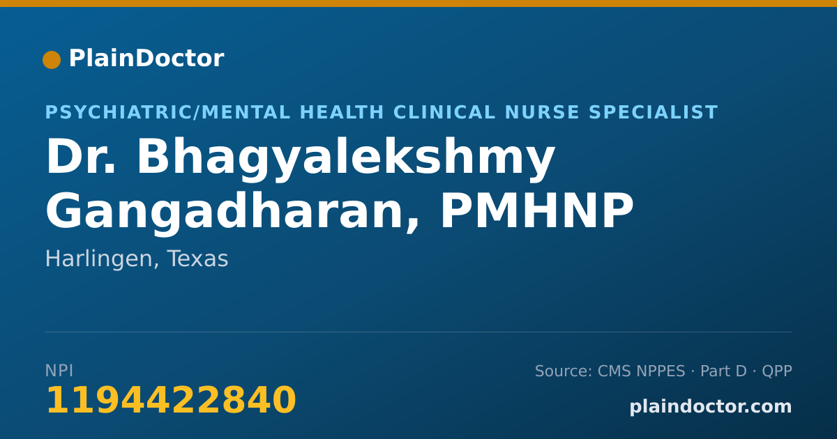 Shareable card for Bhagyalekshmy Gangadharan, PMHNP - Psychiatric/Mental Health Clinical Nurse Specialist, Harlingen, TX