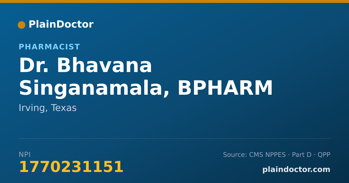 Shareable card for Bhavana Singanamala, BPHARM - Pharmacist, Irving, TX