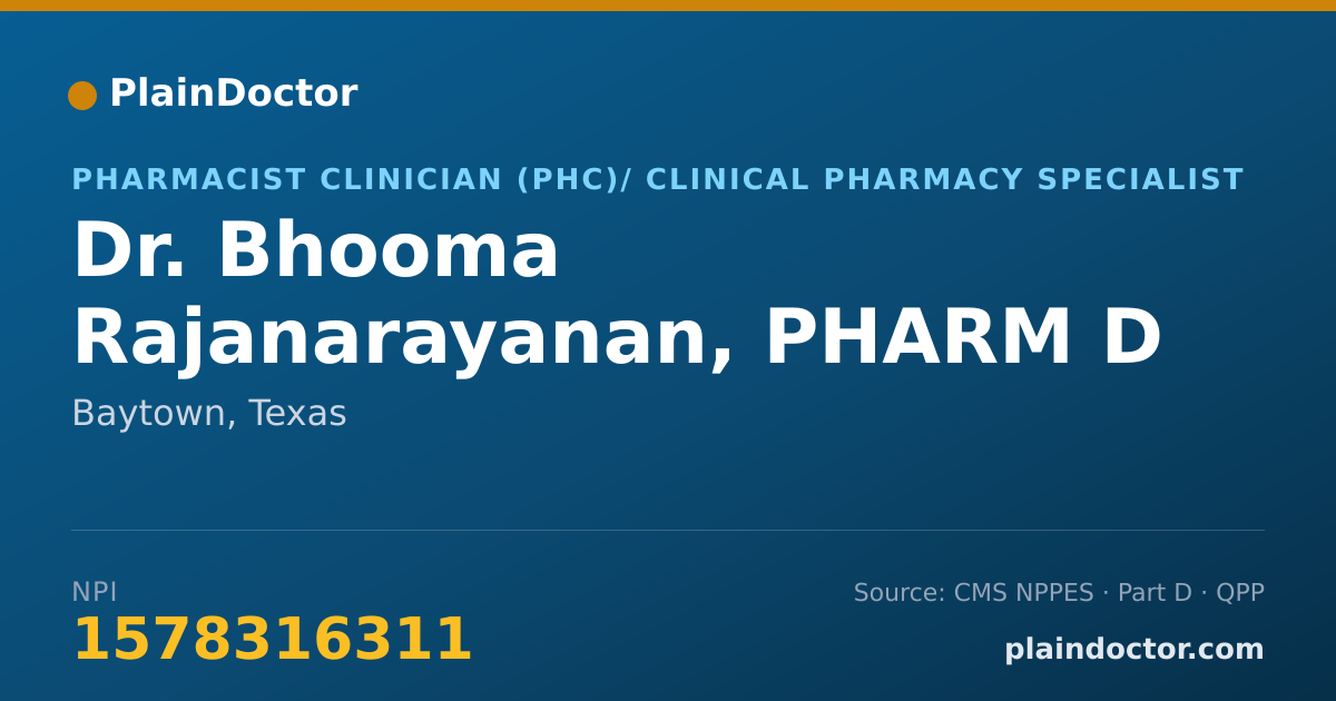 Shareable card for Bhooma Rajanarayanan, PHARM D - Pharmacist Clinician (PhC)/ Clinical Pharmacy Specialist, Baytown, TX