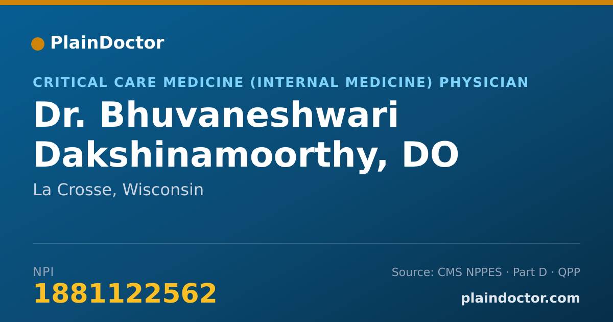 Shareable card for Bhuvaneshwari Dakshinamoorthy, DO - Critical Care Medicine (Internal Medicine) Physician, La Crosse, WI