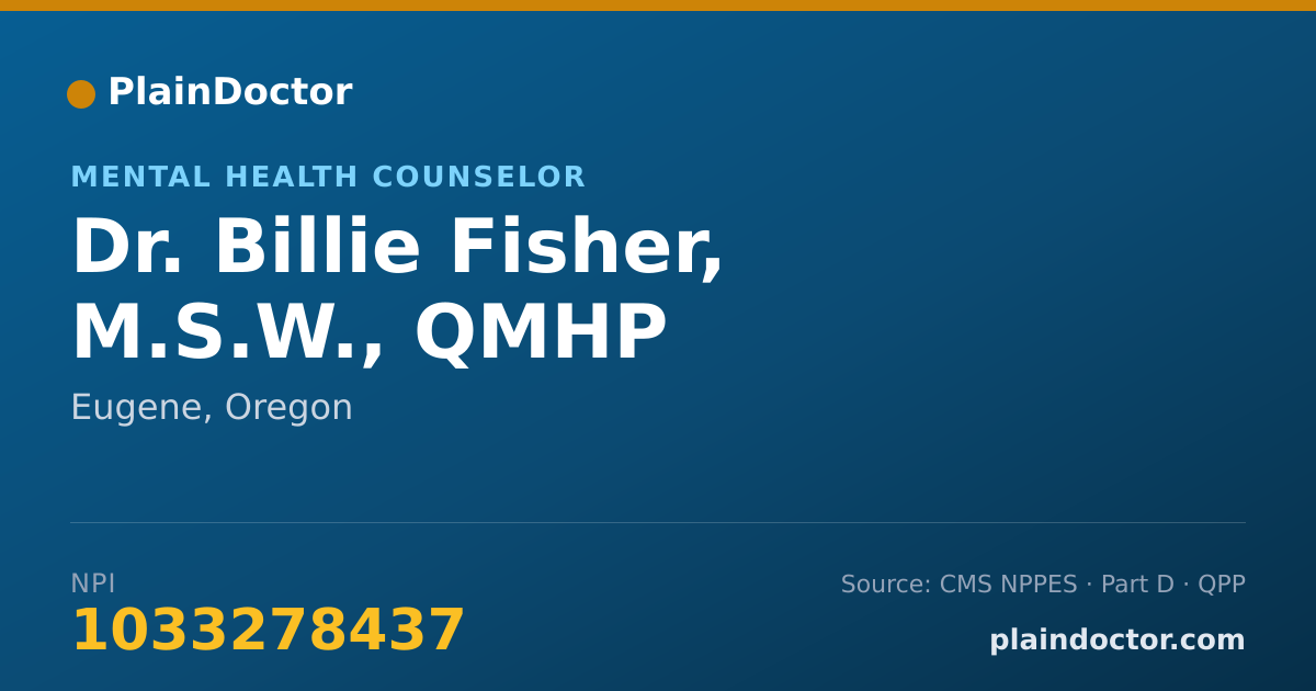 Shareable card for Billie Fisher, M.S.W., QMHP - Mental Health Counselor, Eugene, OR