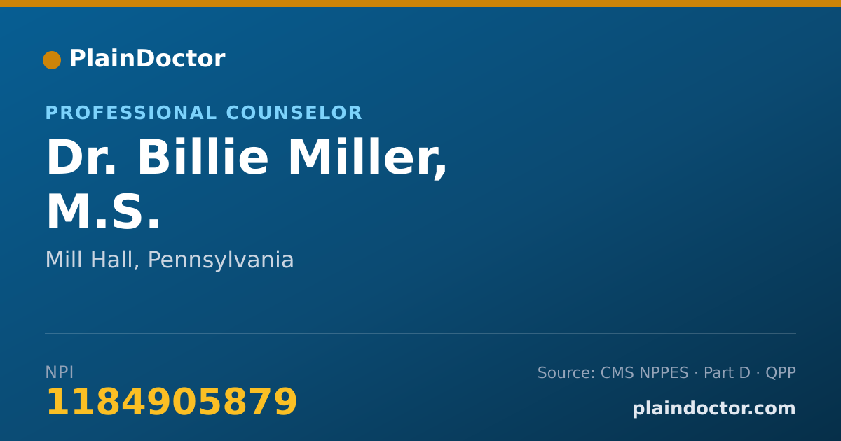 Shareable card for Billie Miller, M.S. - Professional Counselor, Mill Hall, PA