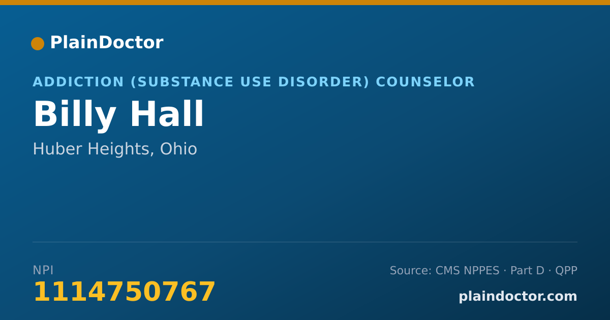 Shareable card for Billy Hall - Addiction (Substance Use Disorder) Counselor, Huber Heights, OH