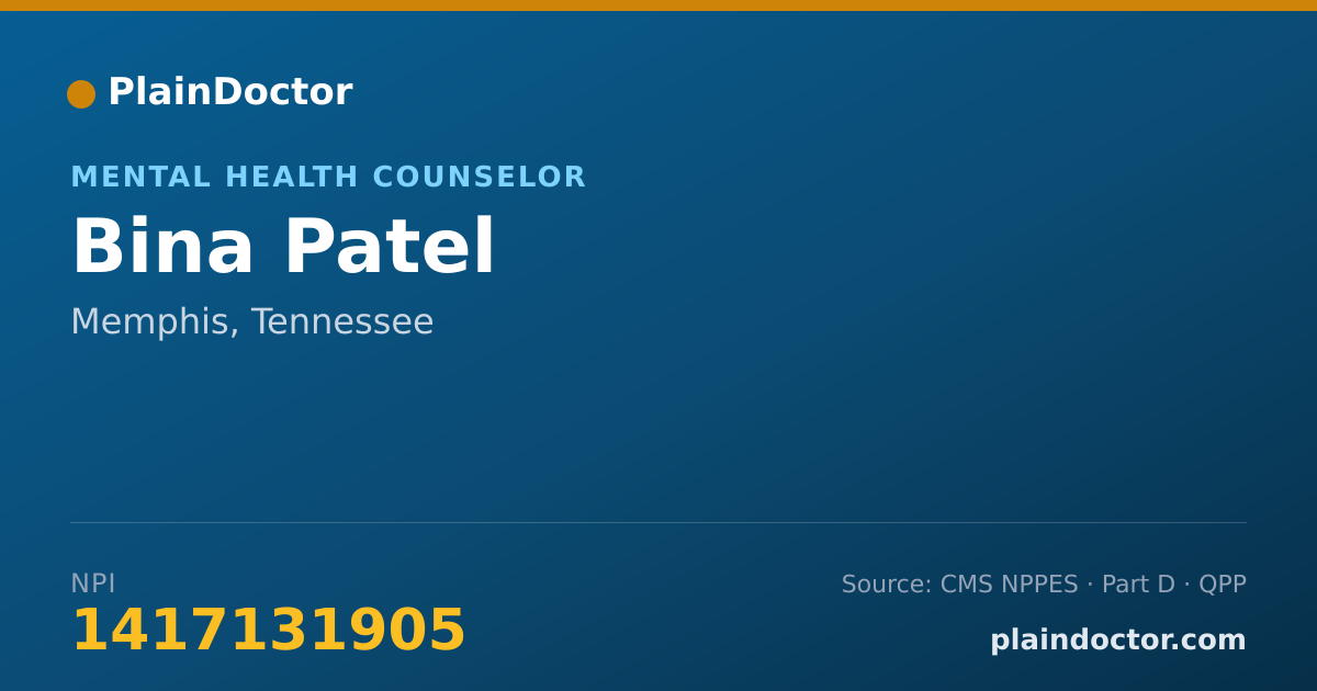 Shareable card for Bina Patel - Mental Health Counselor, Memphis, TN