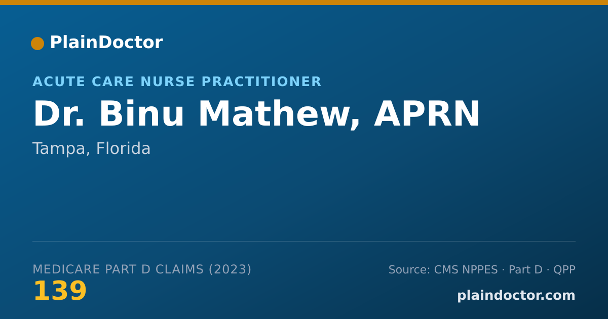 Shareable card for Binu Mathew, APRN - Acute Care Nurse Practitioner, Tampa, FL