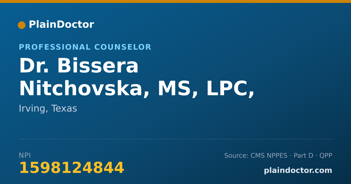 Shareable card for Bissera Nitchovska, MS, LPC, NCC - Professional Counselor, Irving, TX