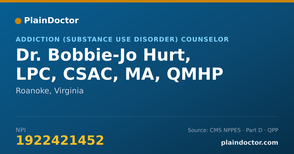 Shareable card for Bobbie-Jo Hurt, LPC, CSAC, MA, QMHP - Addiction (Substance Use Disorder) Counselor, Roanoke, VA