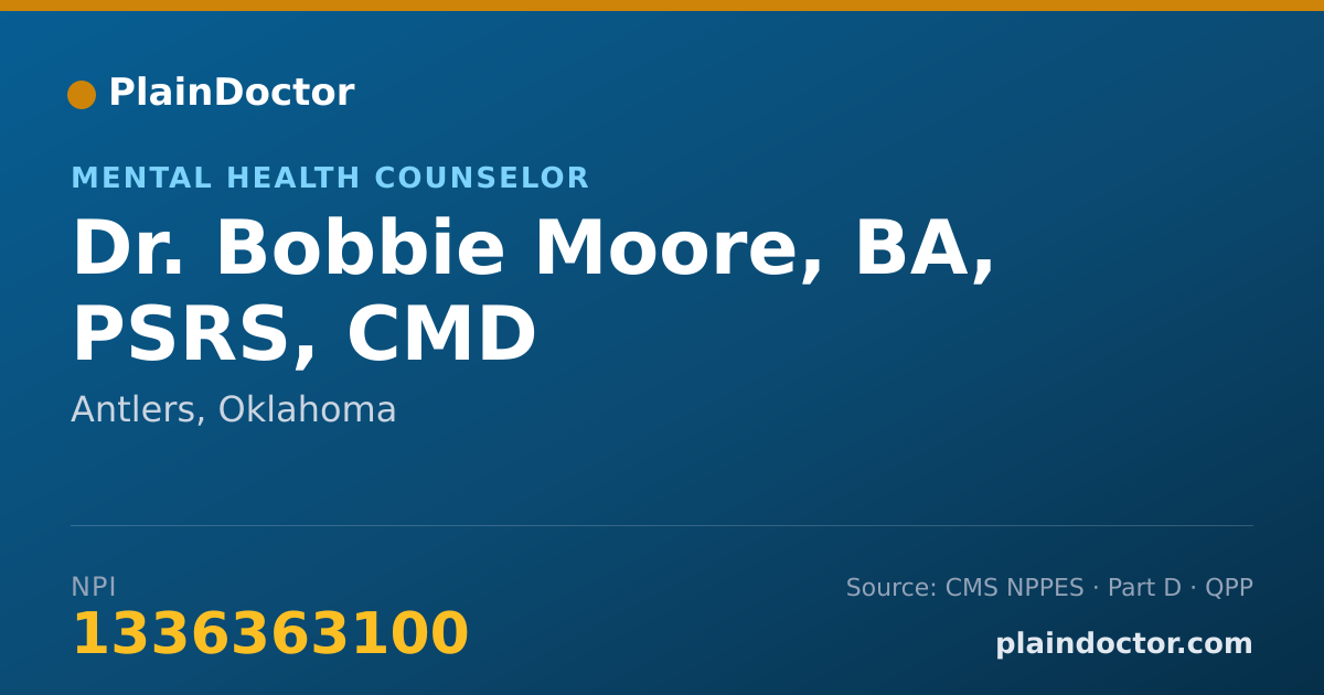 Shareable card for Bobbie Moore, BA, PSRS, CMD - Mental Health Counselor, Antlers, OK