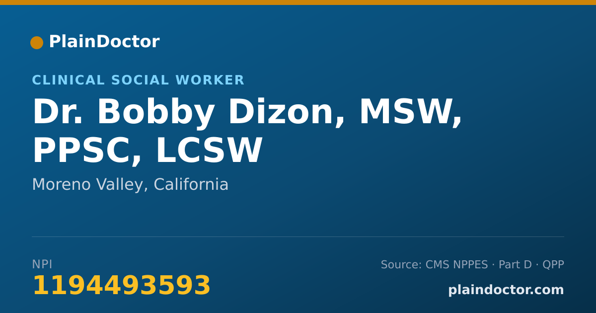 Shareable card for Bobby Dizon, MSW, PPSC, LCSW - Clinical Social Worker, Moreno Valley, CA