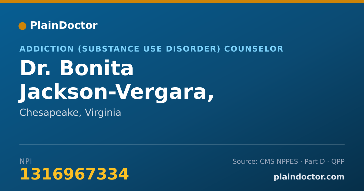 Shareable card for Bonita Jackson-Vergara, LICENSED COUNSELOR - Addiction (Substance Use Disorder) Counselor, Chesapeake, VA