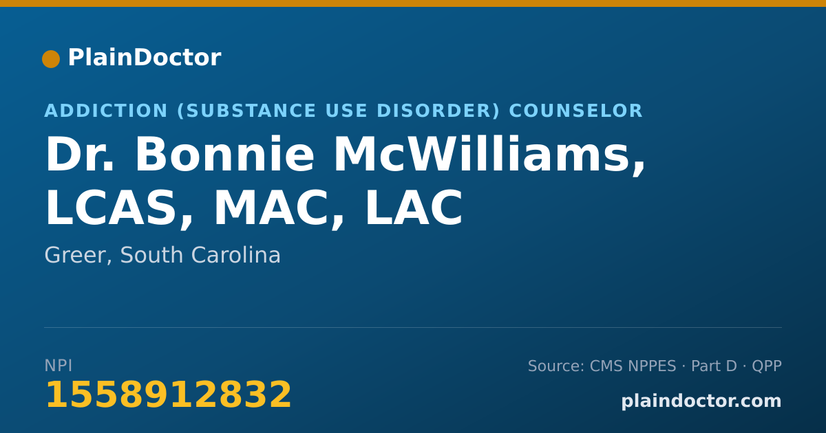 Shareable card for Bonnie McWilliams, LCAS, MAC, LAC - Addiction (Substance Use Disorder) Counselor, Greer, SC