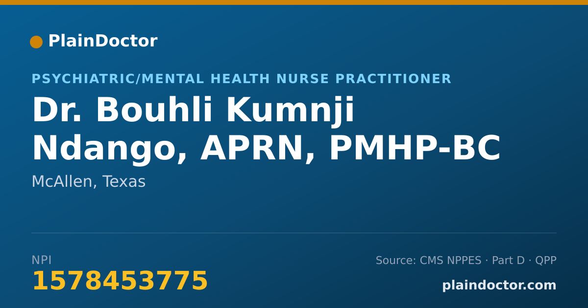 Shareable card for Bouhli Kumnji Ndango, APRN, PMHP-BC - Psychiatric/Mental Health Nurse Practitioner, McAllen, TX