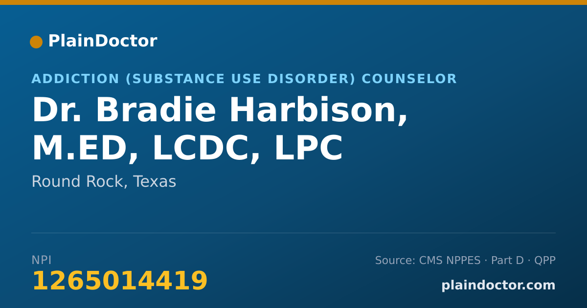 Shareable card for Bradie Harbison, M.ED, LCDC, LPC - Addiction (Substance Use Disorder) Counselor, Round Rock, TX