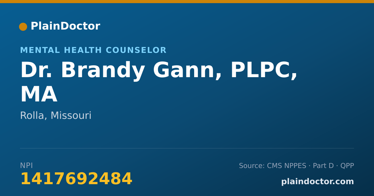 Shareable card for Brandy Gann, PLPC, MA - Mental Health Counselor, Rolla, MO