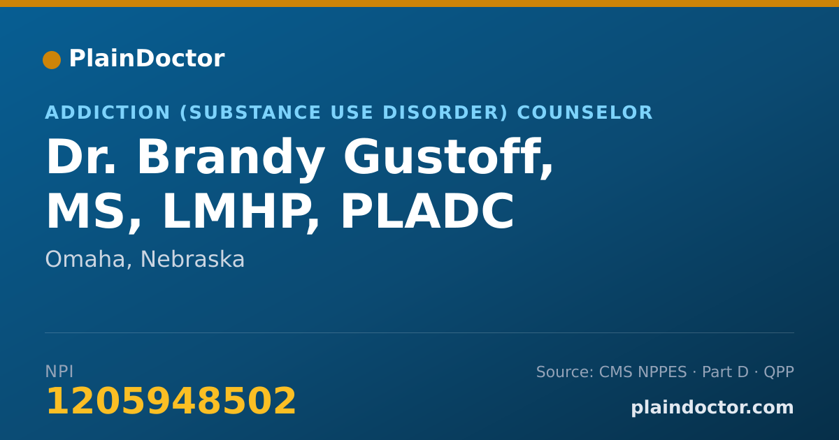 Shareable card for Brandy Gustoff, MS, LMHP, PLADC - Addiction (Substance Use Disorder) Counselor, Omaha, NE