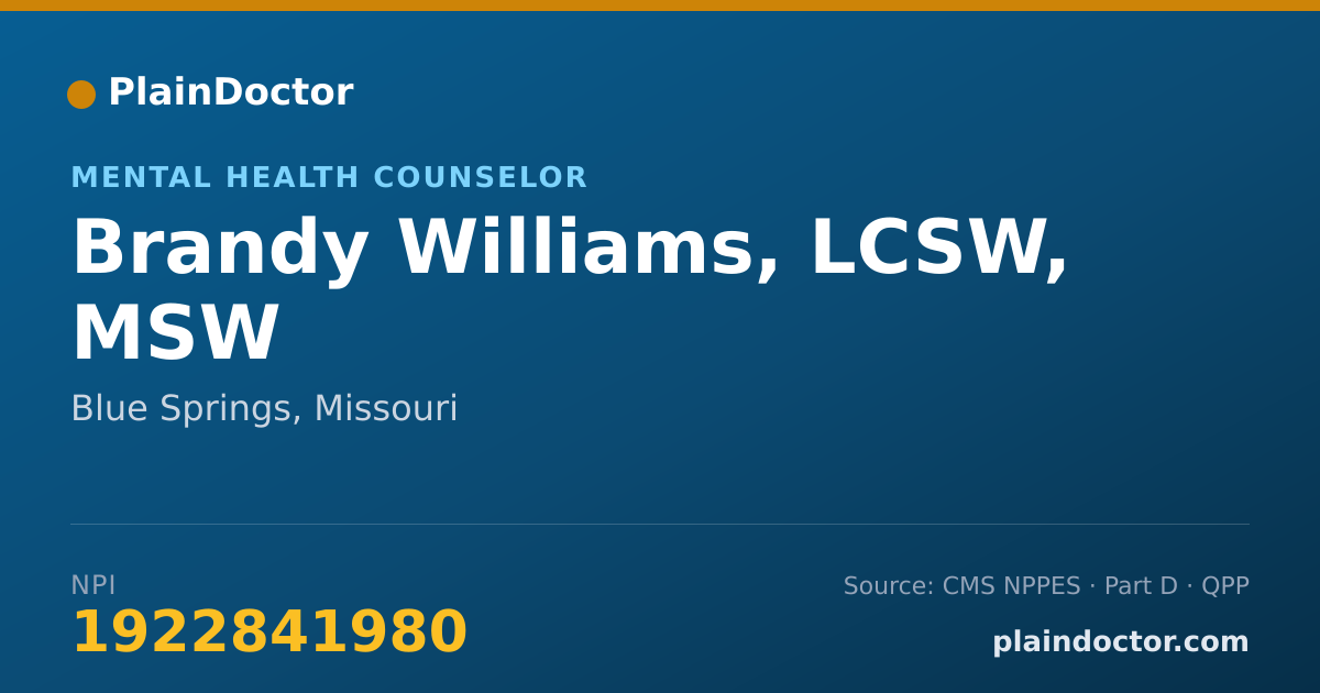 Shareable card for Brandy Williams, LCSW, MSW - Mental Health Counselor, Blue Springs, MO
