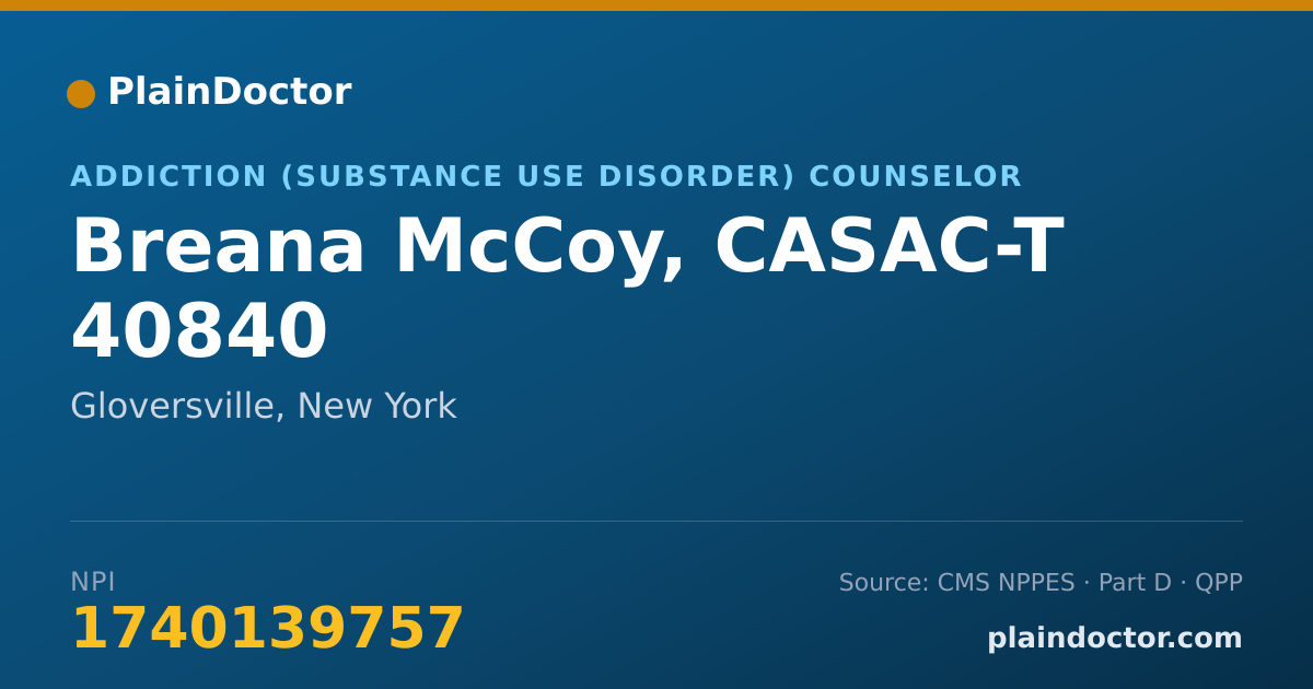 Shareable card for Breana McCoy, CASAC-T 40840 - Addiction (Substance Use Disorder) Counselor, Gloversville, NY