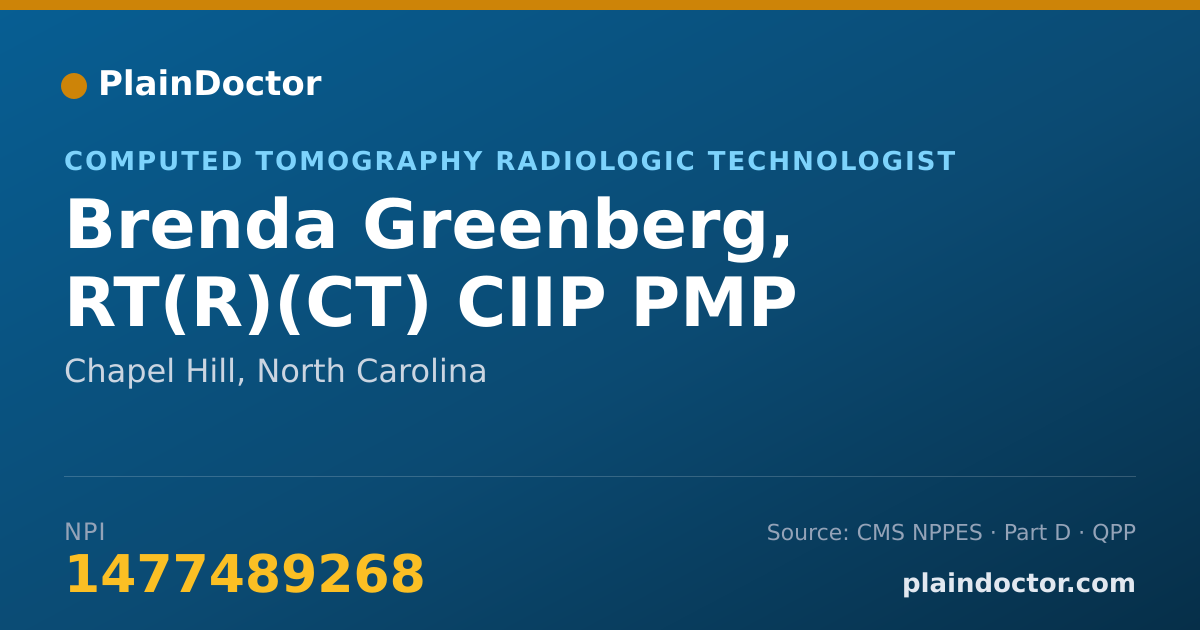 Shareable card for Brenda Greenberg, RT(R)(CT) CIIP PMP - Computed Tomography Radiologic Technologist, Chapel Hill, NC