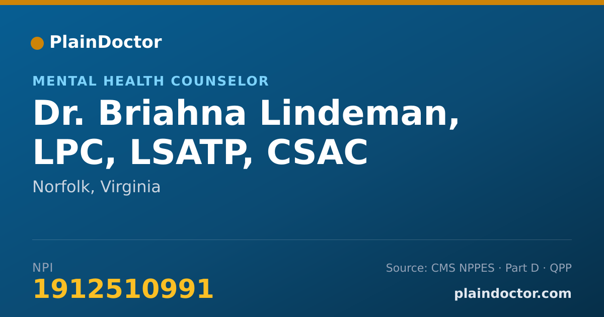 Shareable card for Briahna Lindeman, LPC, LSATP, CSAC - Mental Health Counselor, Norfolk, VA