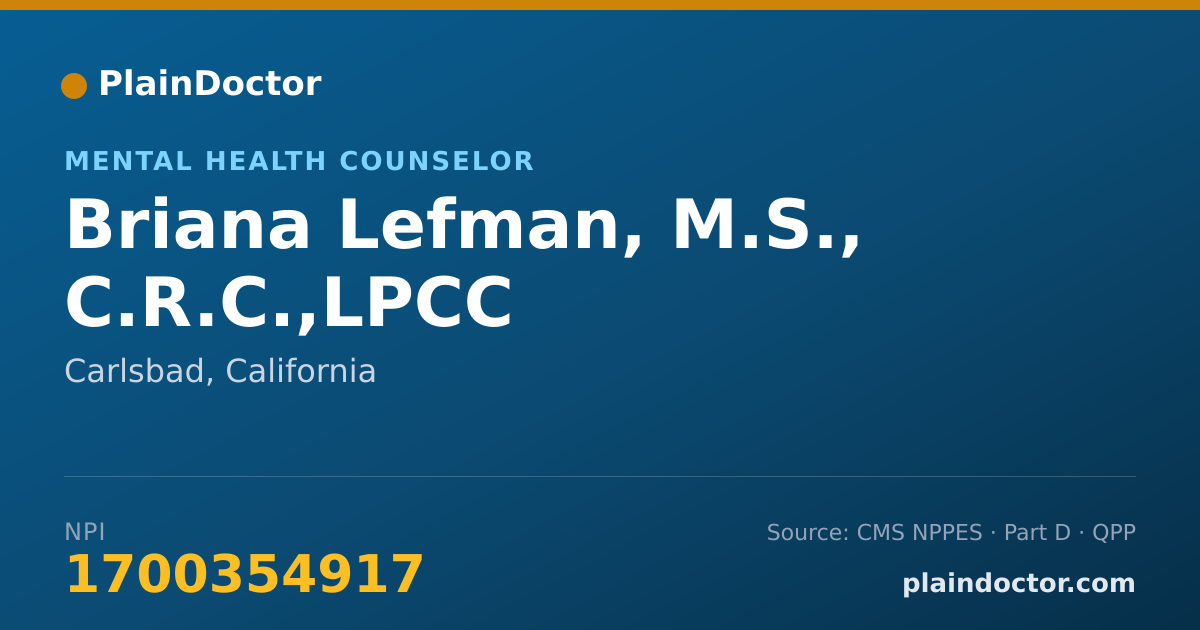 Shareable card for Briana Lefman, M.S., C.R.C.,LPCC - Mental Health Counselor, Carlsbad, CA