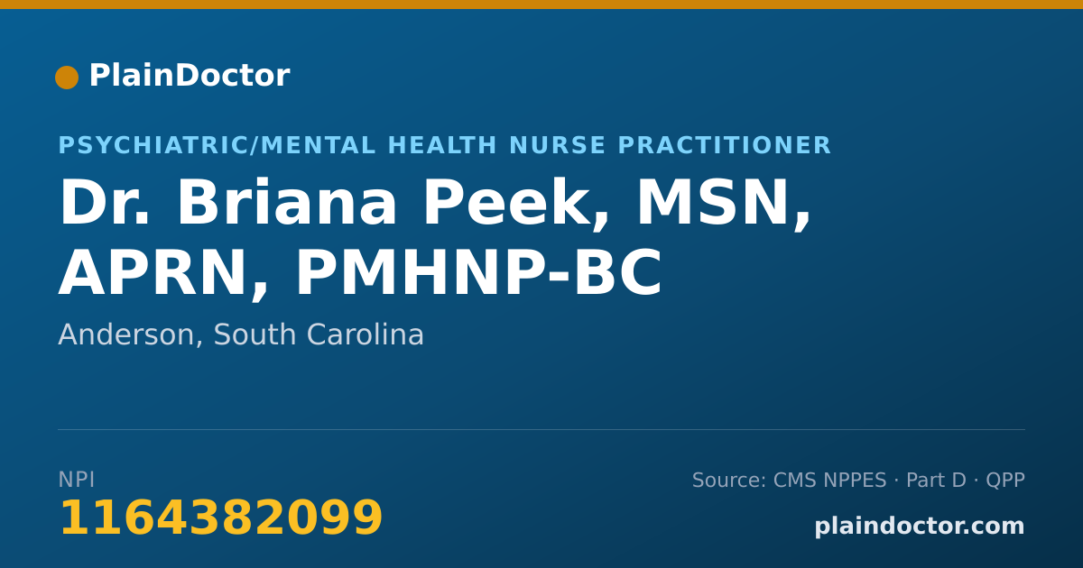 Shareable card for Briana Peek, MSN, APRN, PMHNP-BC - Psychiatric/Mental Health Nurse Practitioner, Anderson, SC