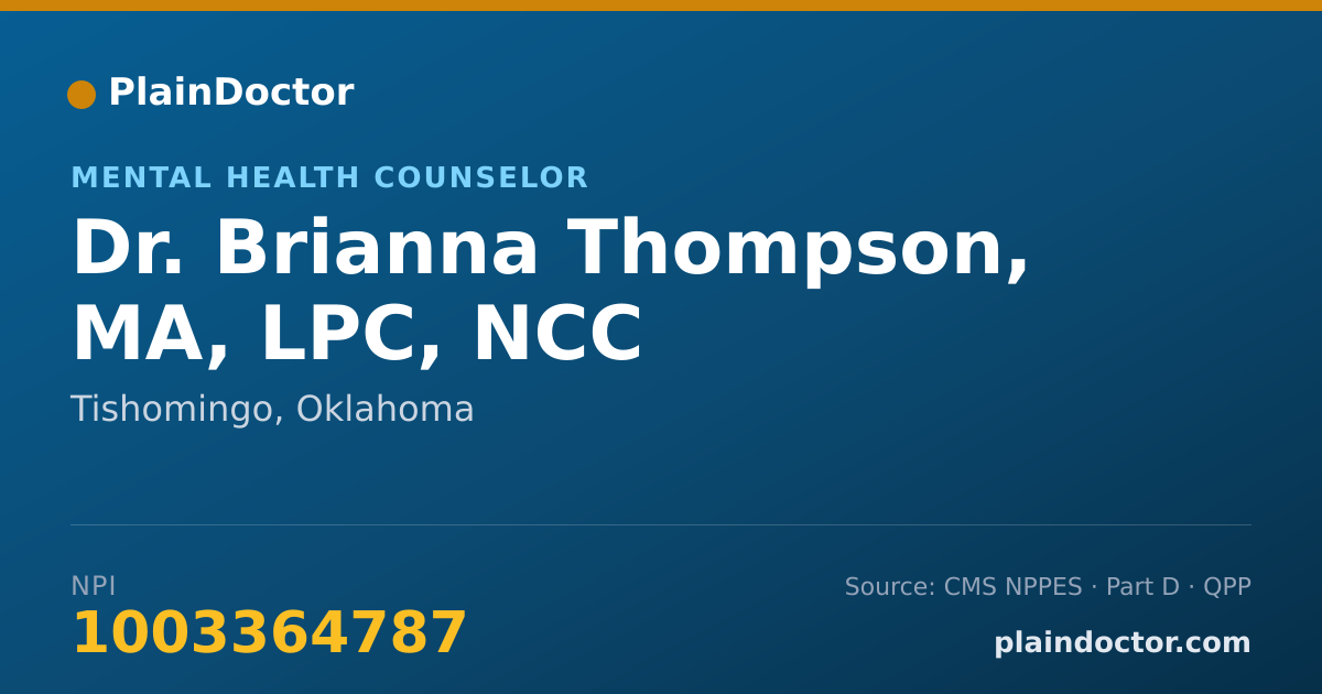 Shareable card for Brianna Thompson, MA, LPC, NCC - Mental Health Counselor, Tishomingo, OK