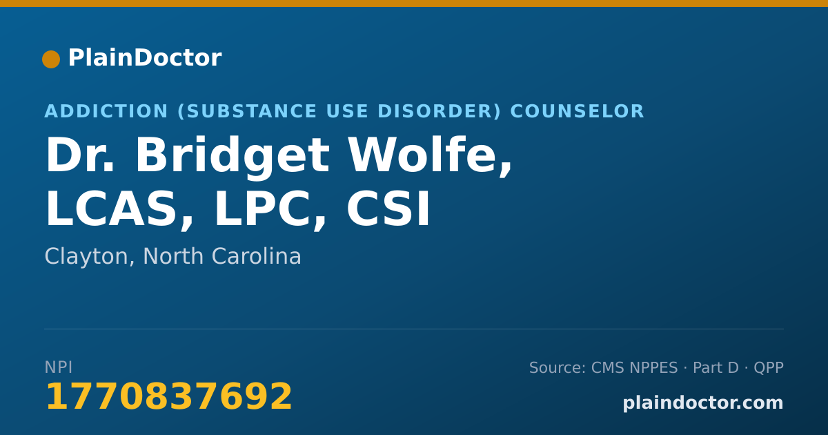 Shareable card for Bridget Wolfe, LCAS, LPC, CSI - Addiction (Substance Use Disorder) Counselor, Clayton, NC