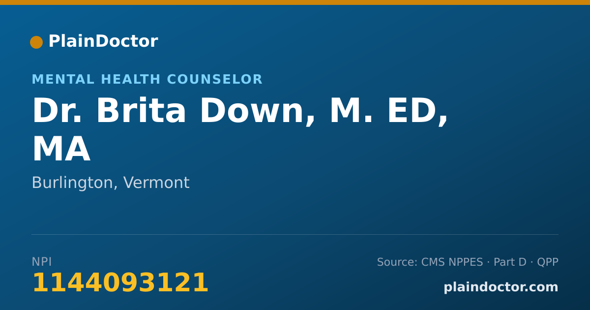 Shareable card for Brita Down, M. ED, MA - Mental Health Counselor, Burlington, VT