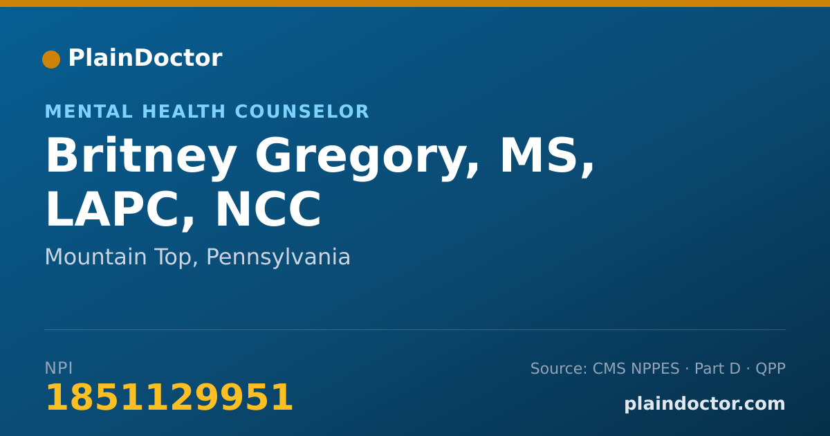 Shareable card for Britney Gregory, MS, LAPC, NCC - Mental Health Counselor, Mountain Top, PA